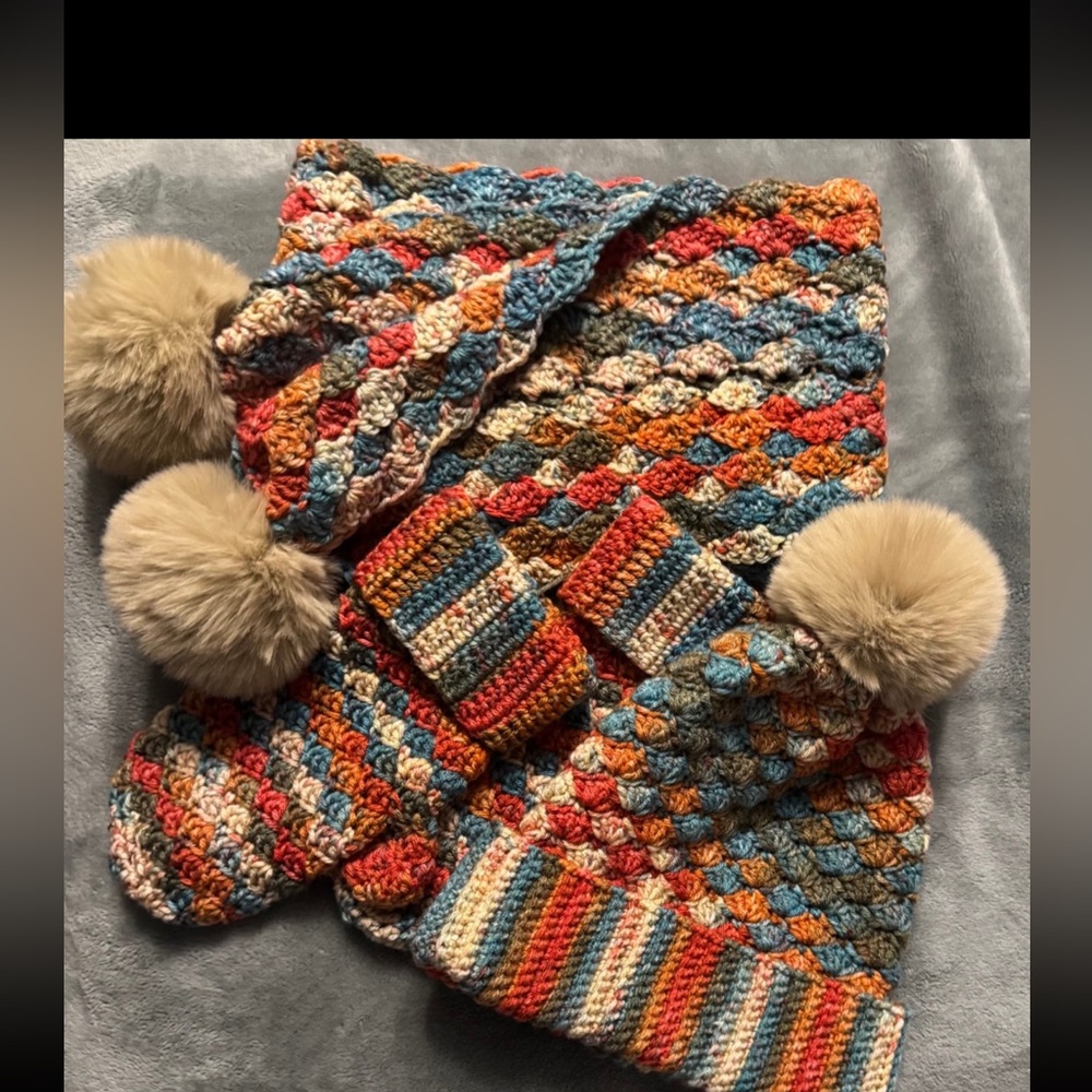 Colorful Crochet Hat and Scarf Set with Pom Poms